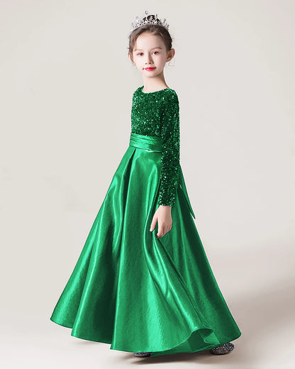 Dideyttawl Long Sleeves Sequins Flower Girls Dress Sparkling  Satin Formal Party Gown 503