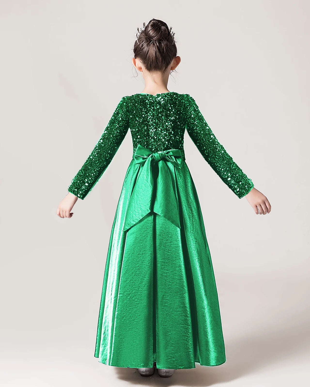 Dideyttawl Long Sleeves Sequins Flower Girls Dress Sparkling  Satin Formal Party Gown 503