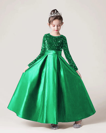 Dideyttawl Long Sleeves Sequins Flower Girls Dress Sparkling  Satin Formal Party Gown 503
