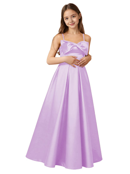dideyttawl 2026 Girls Satin Prom Ball Gown with Big Bow Maxi Spaghetti Straps Junior Bridesmaid Flower Girl Dress 2548
