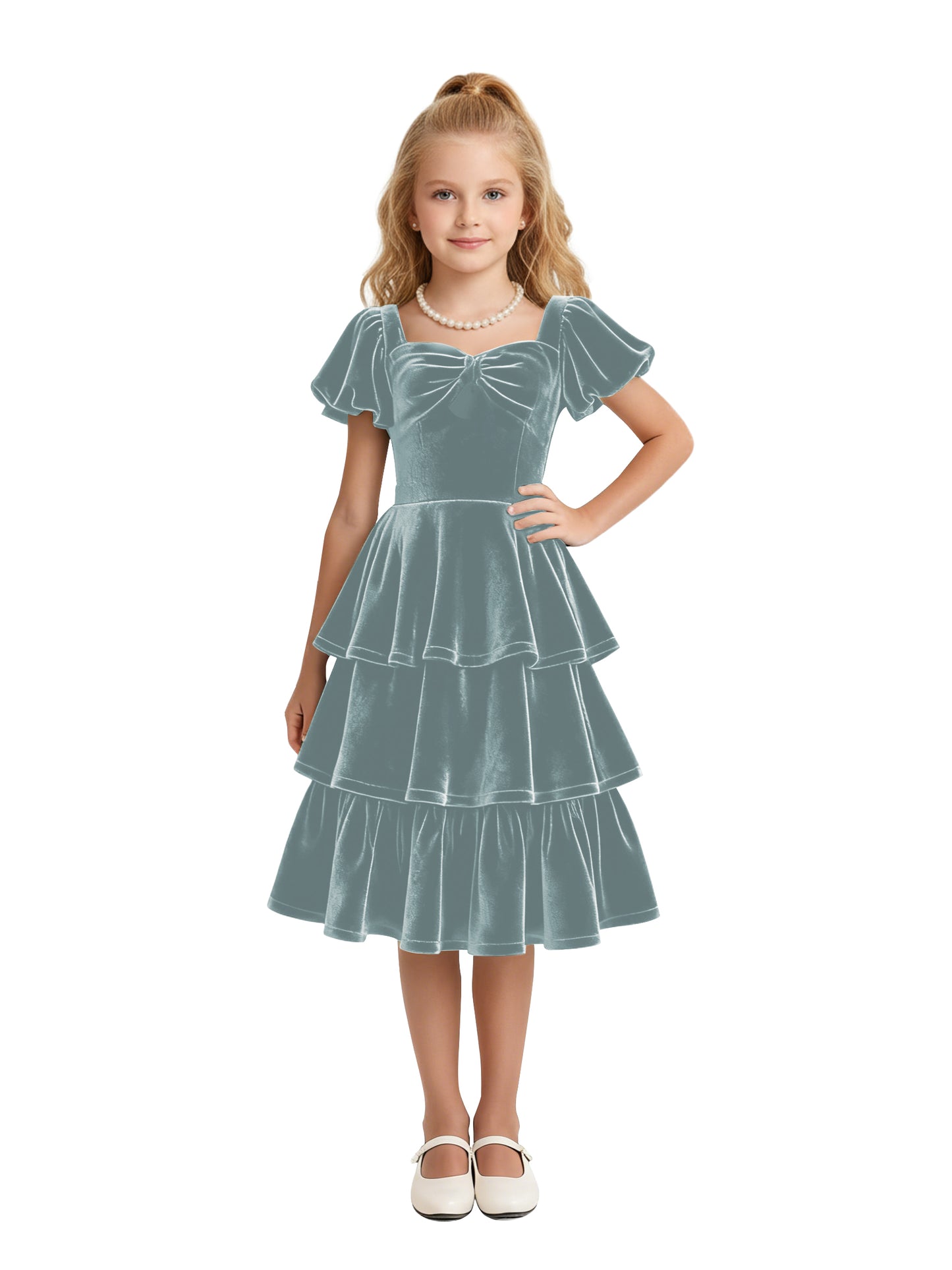 dideyttawl Girls Pleated Velvet Knee Length Junior Bridesmaid Dress with Short Lantern Sleeves 2543