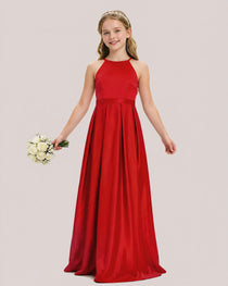 dideyttawl A-Line Junior Bridesmaid Dresses Satin Halter Special Occasion Dress Gown