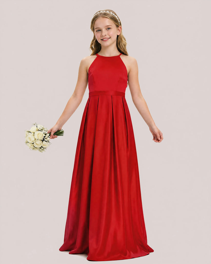 Red Satin A-line Junior Bridesmaid Dress Front View