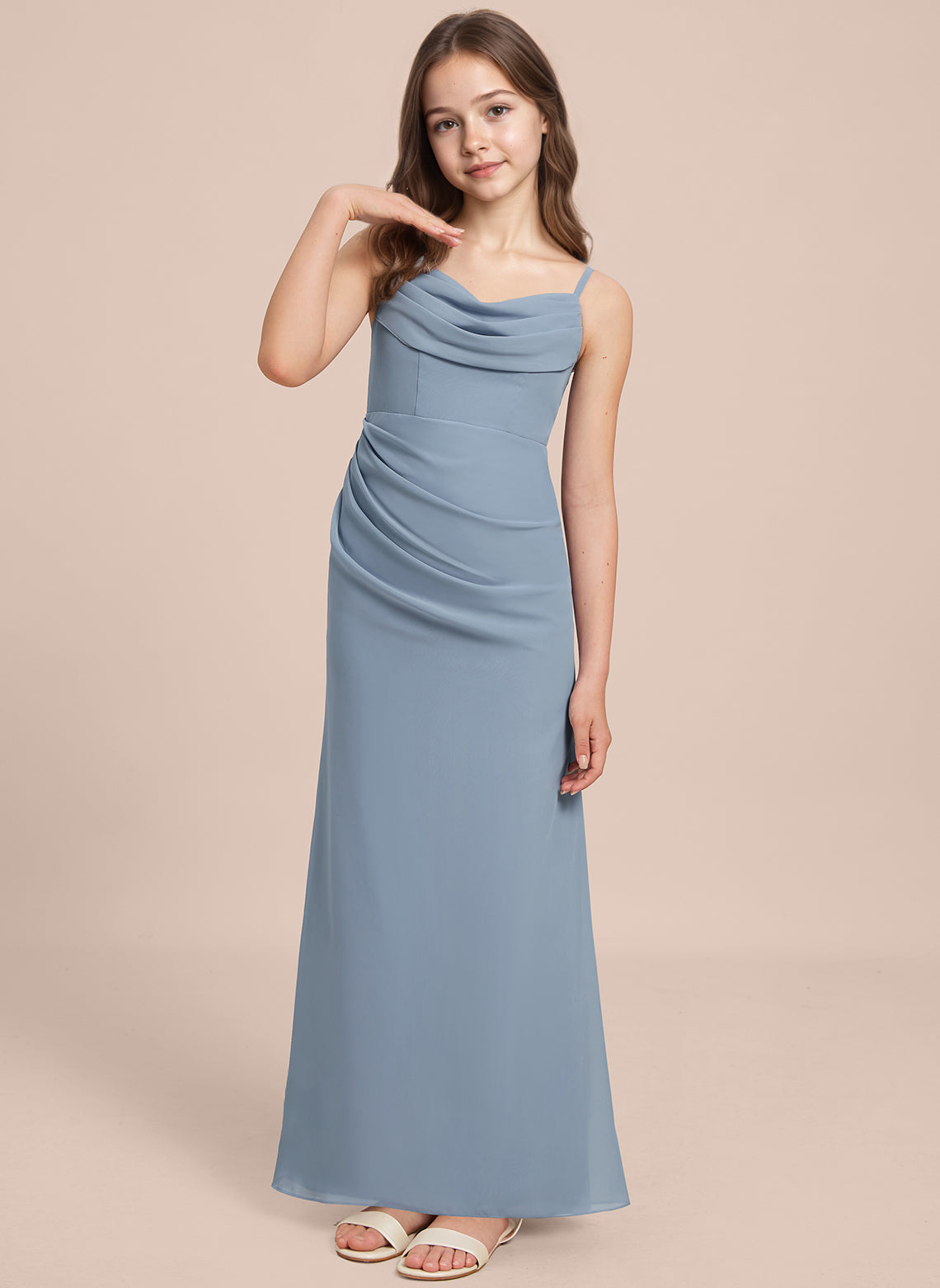 dideyttawl Long Sheathe Junior Bridesmaid Dresses for Girls Chiffon A-Line Ruched Cowl Neck Wedding Flower Girls Dress 2512