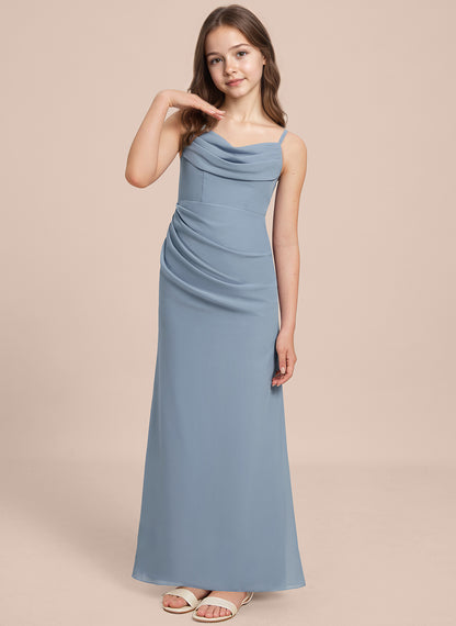 dideyttawl Long Sheathe Junior Bridesmaid Dresses for Girls Chiffon A-Line Ruched Cowl Neck Wedding Flower Girls Dress 2512
