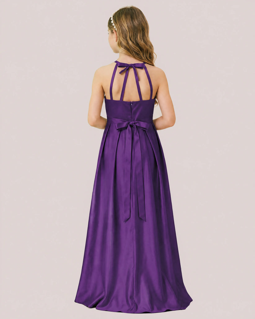 Purple Satin A-line Junior Bridesmaid Dress Back View