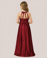 Burgundy Satin A-line Junior Bridesmaid Dress Back View