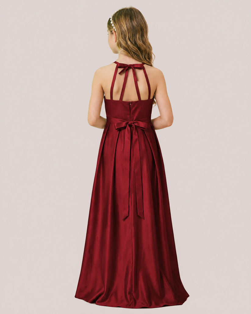 Burgundy Satin A-line Junior Bridesmaid Dress Back View