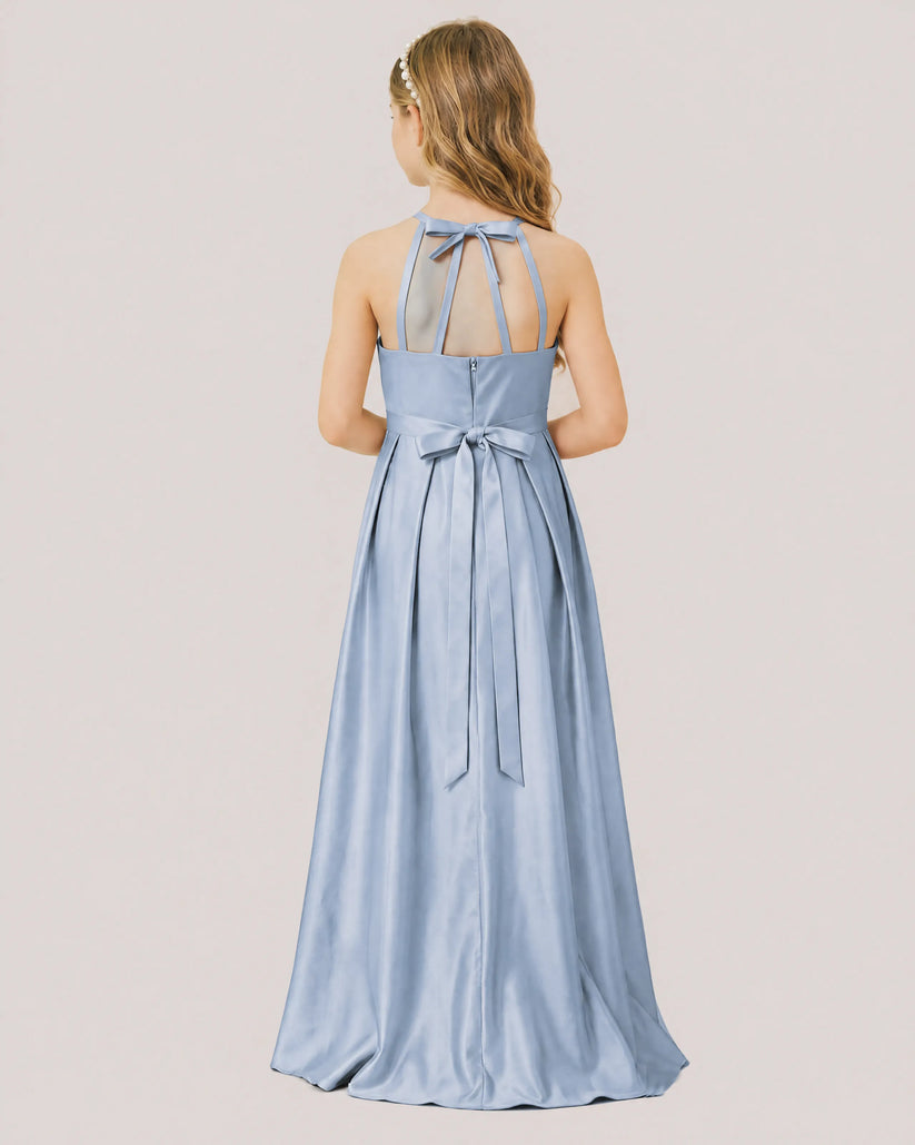 Dusty Blue Satin A-line Junior Bridesmaid Dress Back View