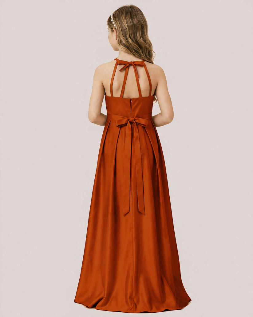 Burnt Orange Satin A-line Junior Bridesmaid Dress Back View