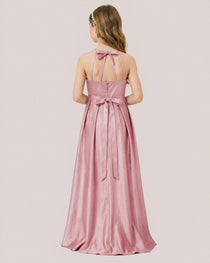 dideyttawl A-Line Junior Bridesmaid Dresses Satin Halter Special Occasion Dress Gown