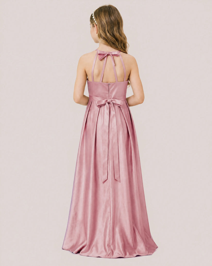 Dusty Rose Satin A-line Junior Bridesmaid Dress Back View