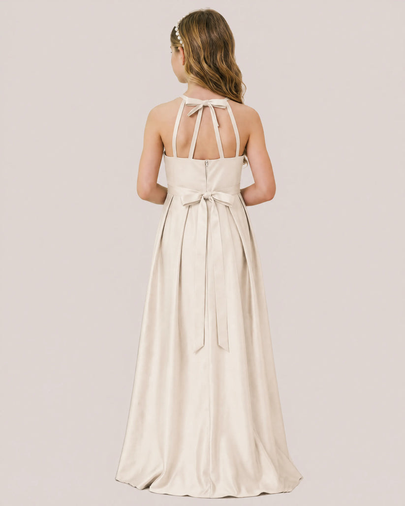 Champagne Satin A-line Junior Bridesmaid Dress Back View