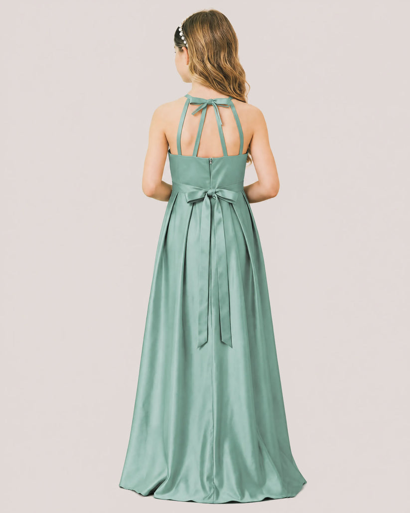 Eucalyptus Satin A-line Junior Bridesmaid Dress Back View