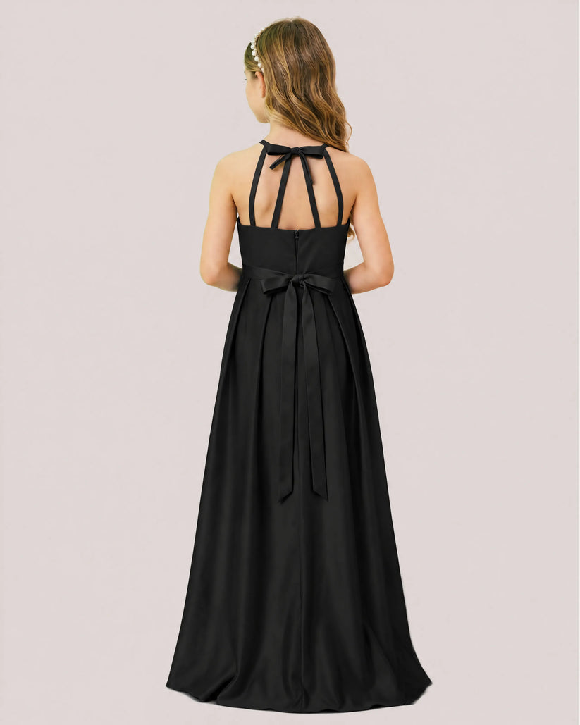 Black Satin A-line Junior Bridesmaid Dress Back View