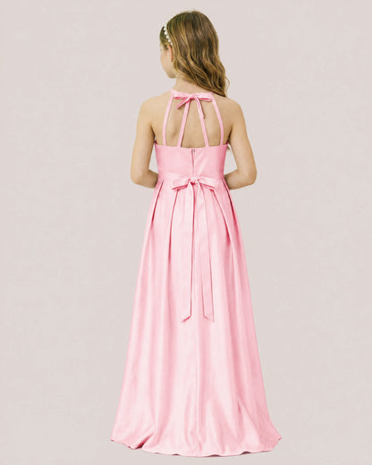 dideyttawl A-Line Junior Bridesmaid Dresses Satin Halter Special Occasion Dress Gown 2532
