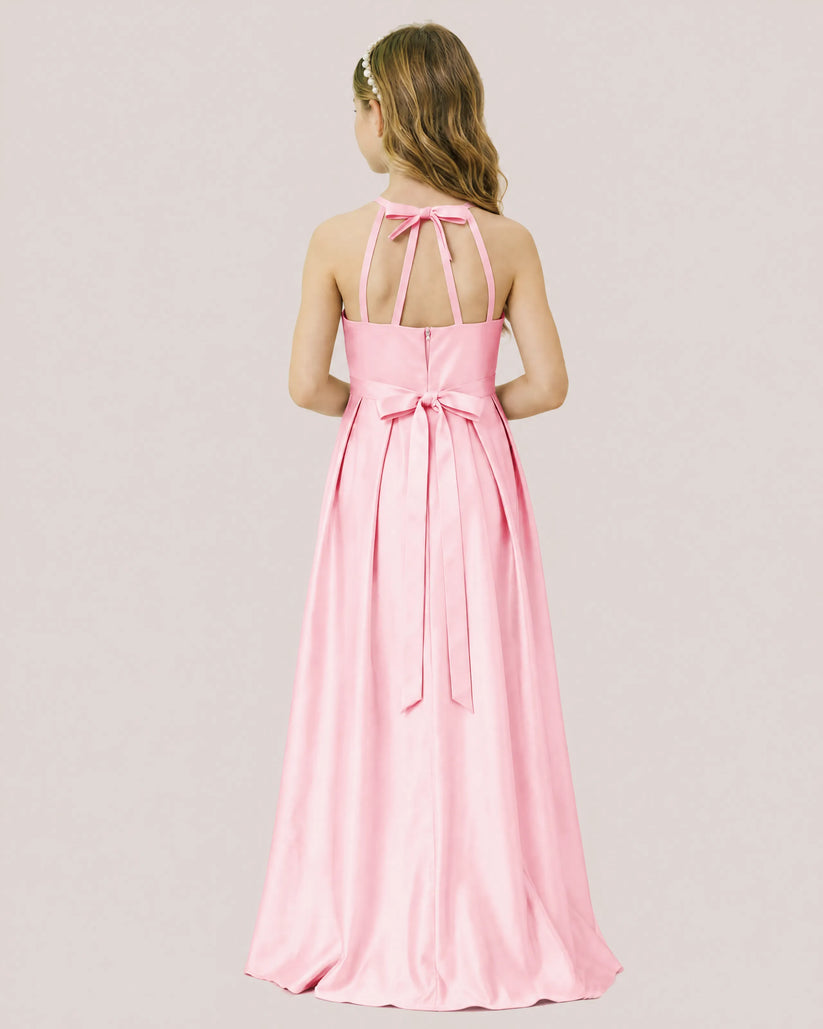 Pink Satin A-line Junior Bridesmaid Dress Back View