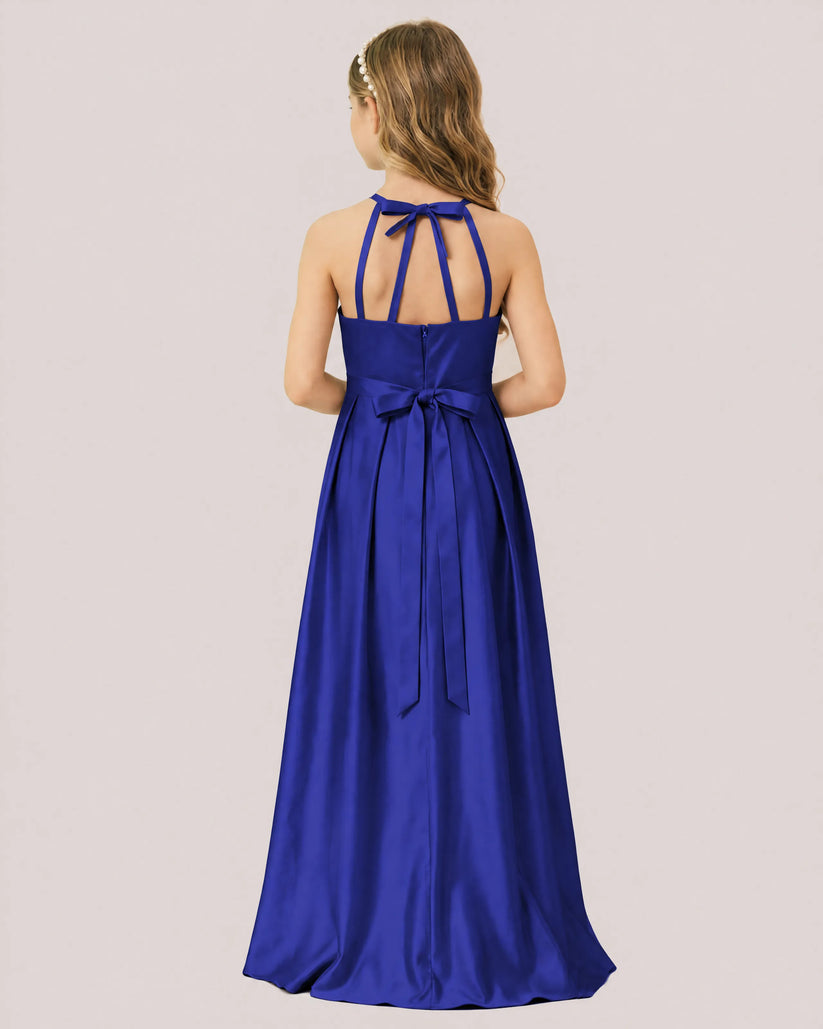 Royal Blue Satin A-line Junior Bridesmaid Dress Back View