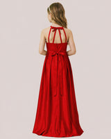 Red Satin A-line Junior Bridesmaid Dress Back View