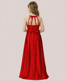 dideyttawl A-Line Junior Bridesmaid Dresses Satin Halter Special Occasion Dress Gown