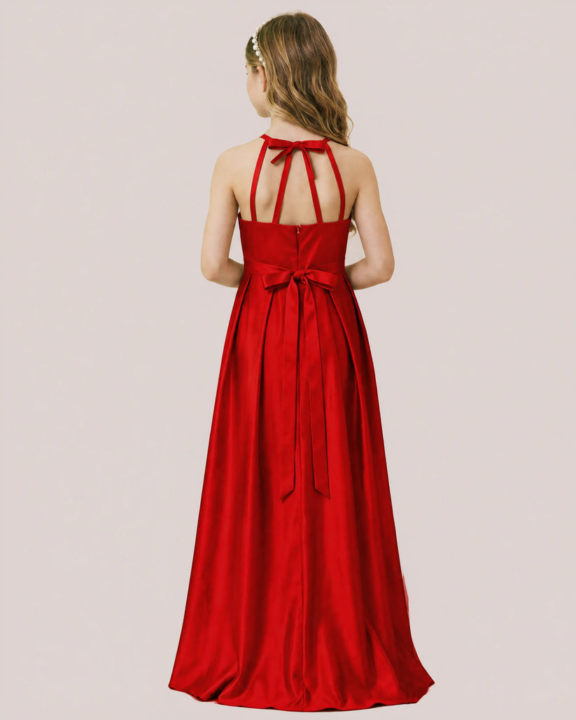 Red Satin A-line Junior Bridesmaid Dress Back View
