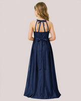 Navy Blue Satin A-line Junior Bridesmaid Dress Back View