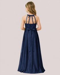 dideyttawl A-Line Junior Bridesmaid Dresses Satin Halter Special Occasion Dress Gown