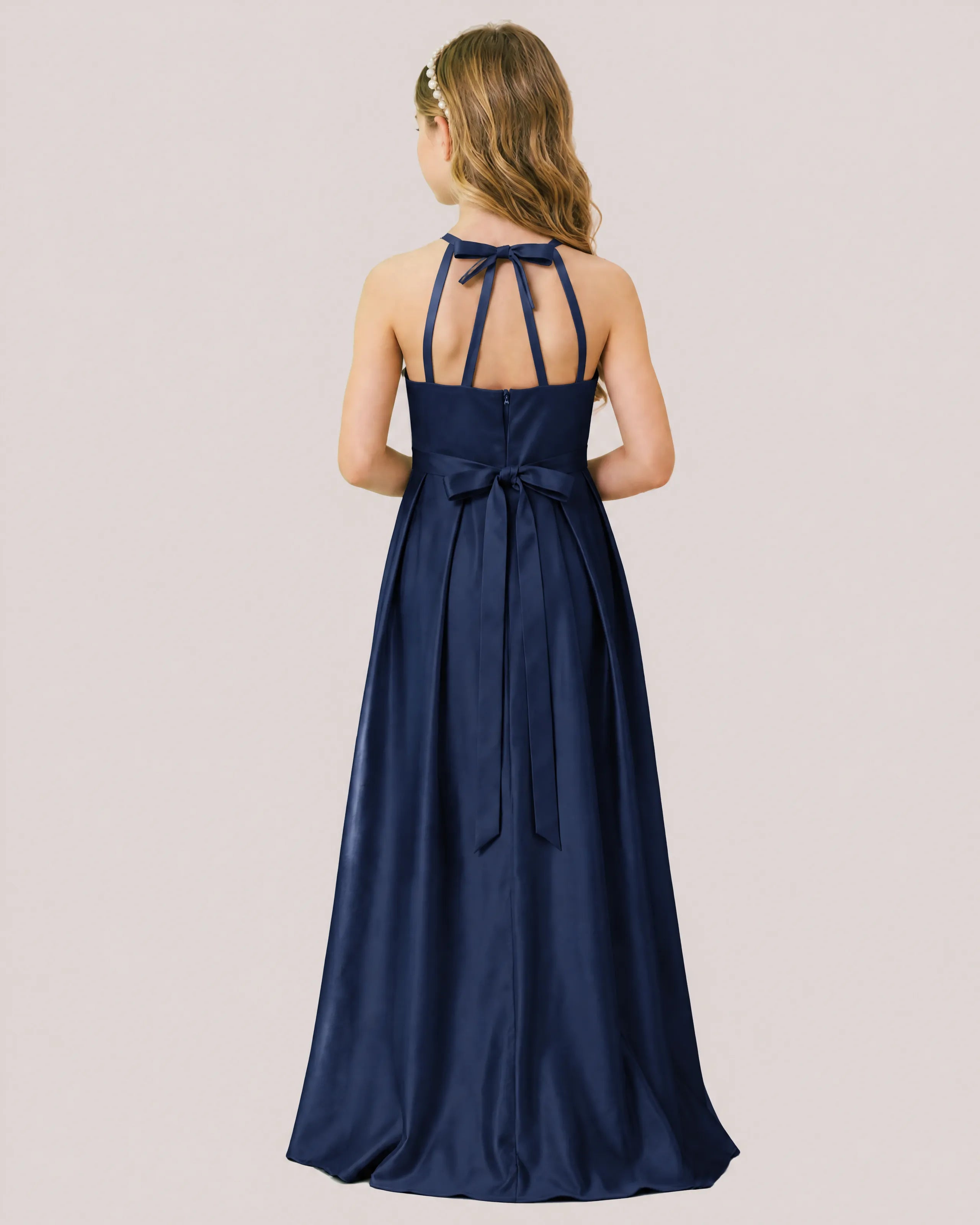 dideyttawl A-Line Junior Bridesmaid Dresses Satin Halter Special Occasion Dress Gown
