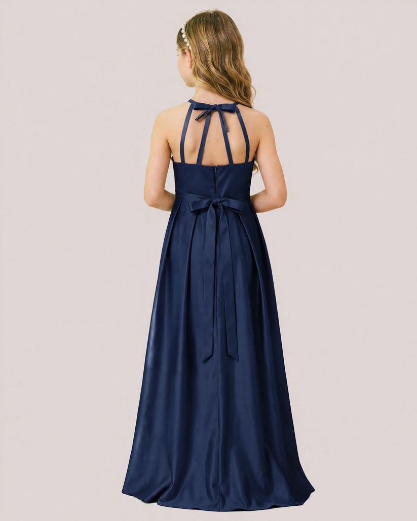 Navy Blue Satin A-line Junior Bridesmaid Dress Back View