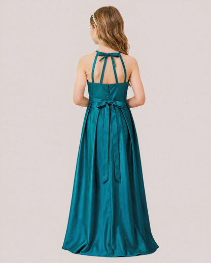 dideyttawl A-Line Junior Bridesmaid Dresses Satin Halter Special Occasion Dress Gown 2532