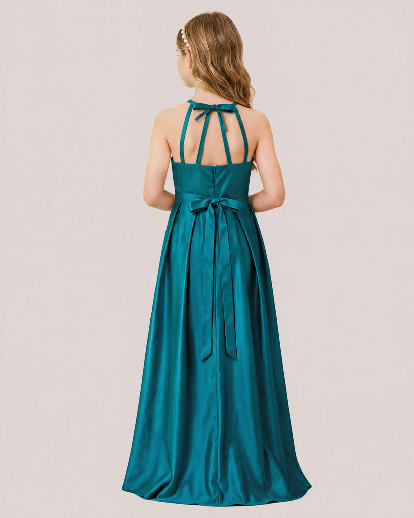 Peacock Satin A-line Junior Bridesmaid Dress Back View
