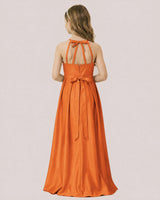 Burnt Orange Satin A-line Junior Bridesmaid Dress Back View