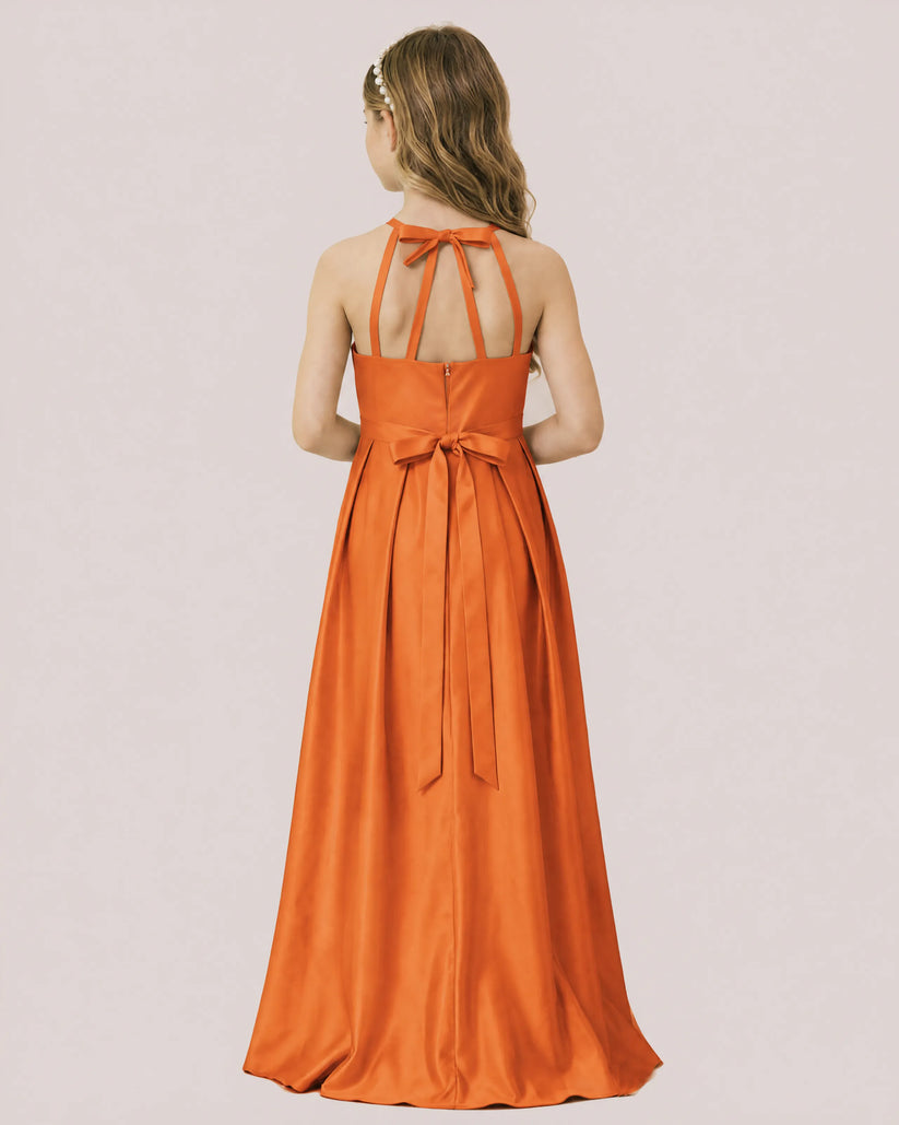 Burnt Orange Satin A-line Junior Bridesmaid Dress Back View