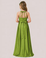 Olive Green Satin A-line Junior Bridesmaid Dress Back View