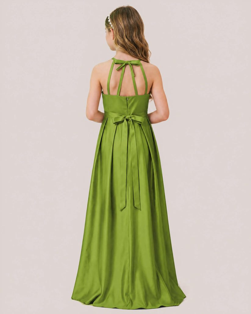 Olive Green Satin A-line Junior Bridesmaid Dress Back View