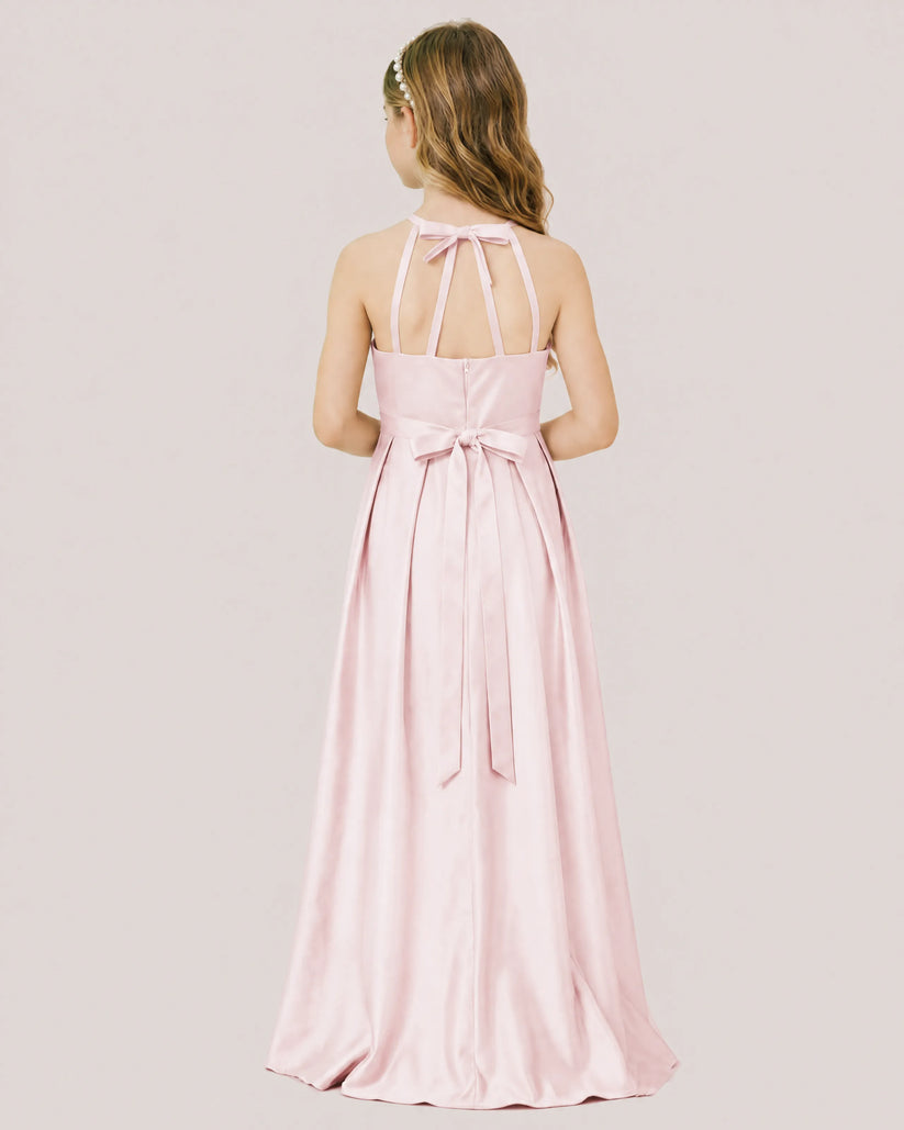 Blush Pink Satin A-line Junior Bridesmaid Dress Back View