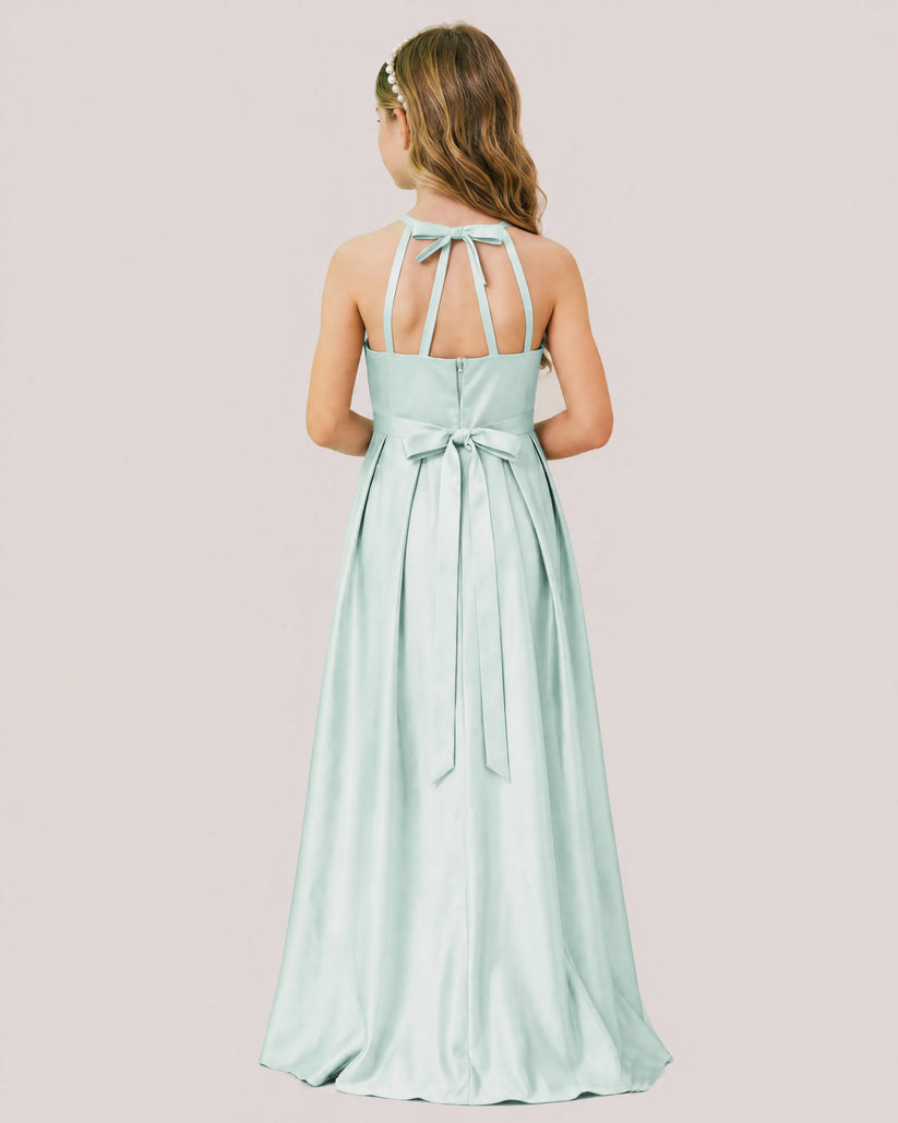 Mist Satin A-line Junior Bridesmaid Dress Back View
