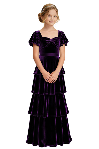 dideyttawl Girls Pleated Velvet Short Lantern Sleeves Long Junior Bridesmaid Dress 2542