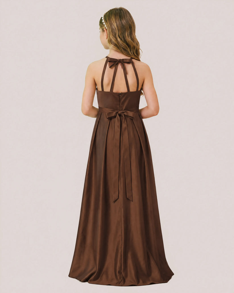 Brown Satin A-line Junior Bridesmaid Dress Back View