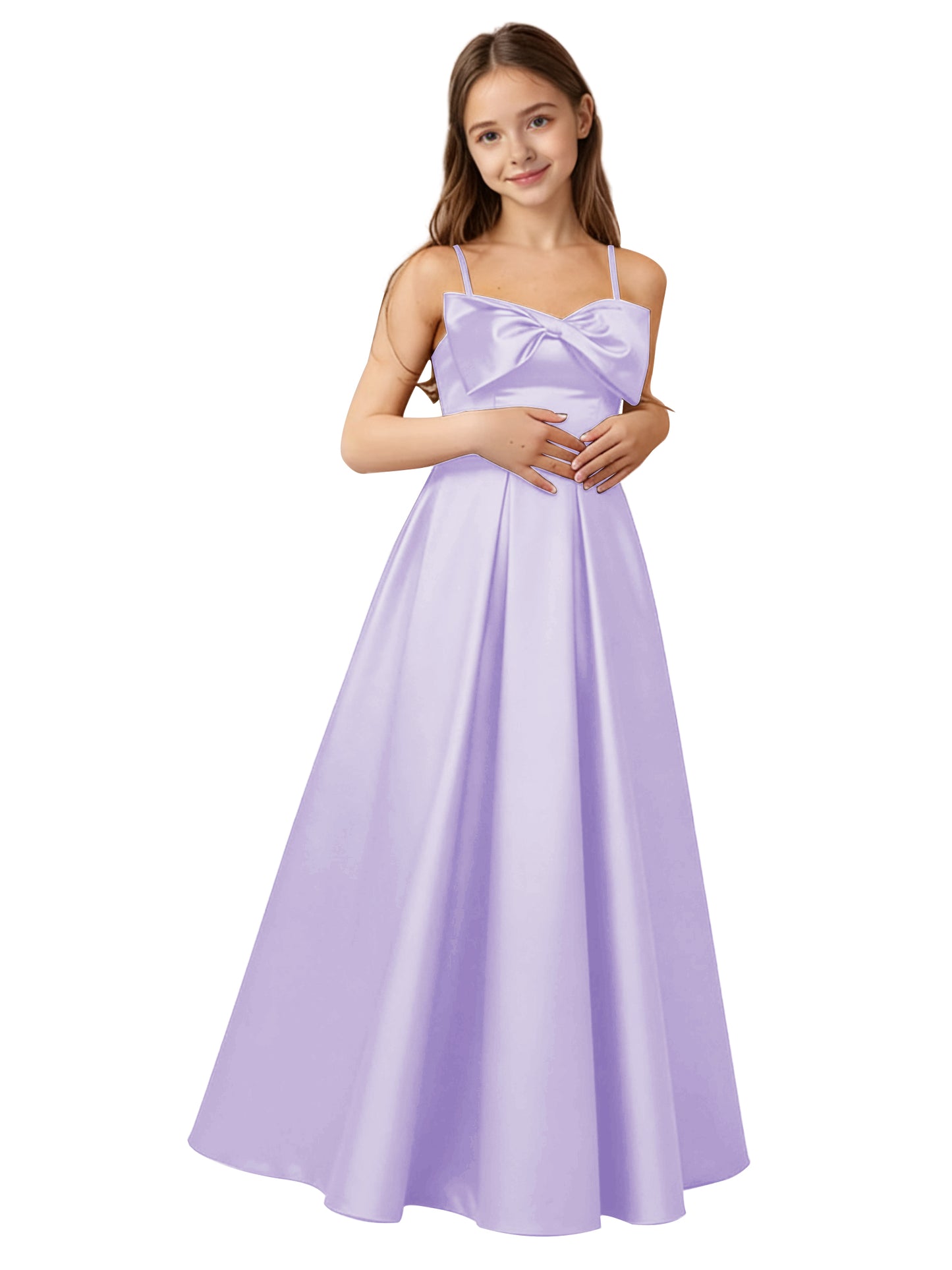 dideyttawl 2026 Girls Satin Prom Ball Gown with Big Bow Maxi Spaghetti Straps Junior Bridesmaid Flower Girl Dress 2548