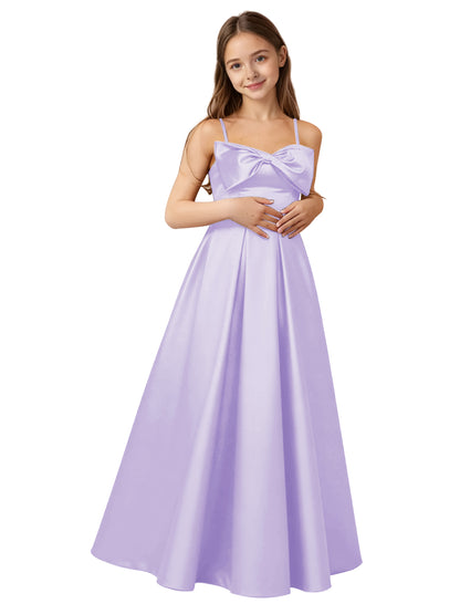 dideyttawl 2026 Girls Satin Prom Ball Gown with Big Bow Maxi Spaghetti Straps Junior Bridesmaid Flower Girl Dress 2548