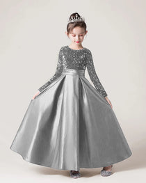 Silver Front Sequin Long Sleeve Flower Girls Dress