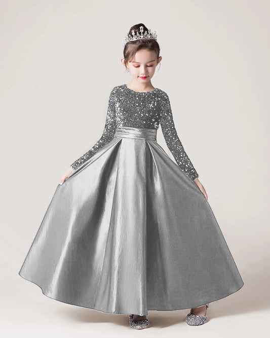 Silver Sequin Satin A-line Girls Formal Dress Front View