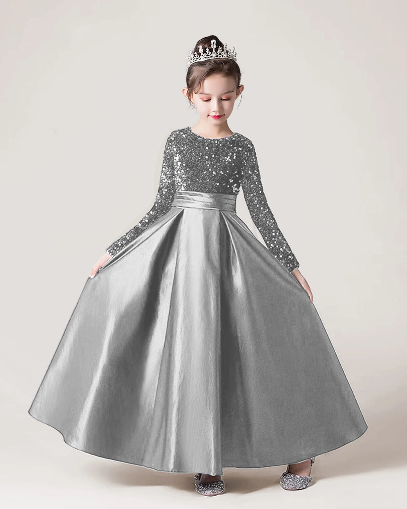 Silver Sequin Satin A-line Girls Formal Dress Front View