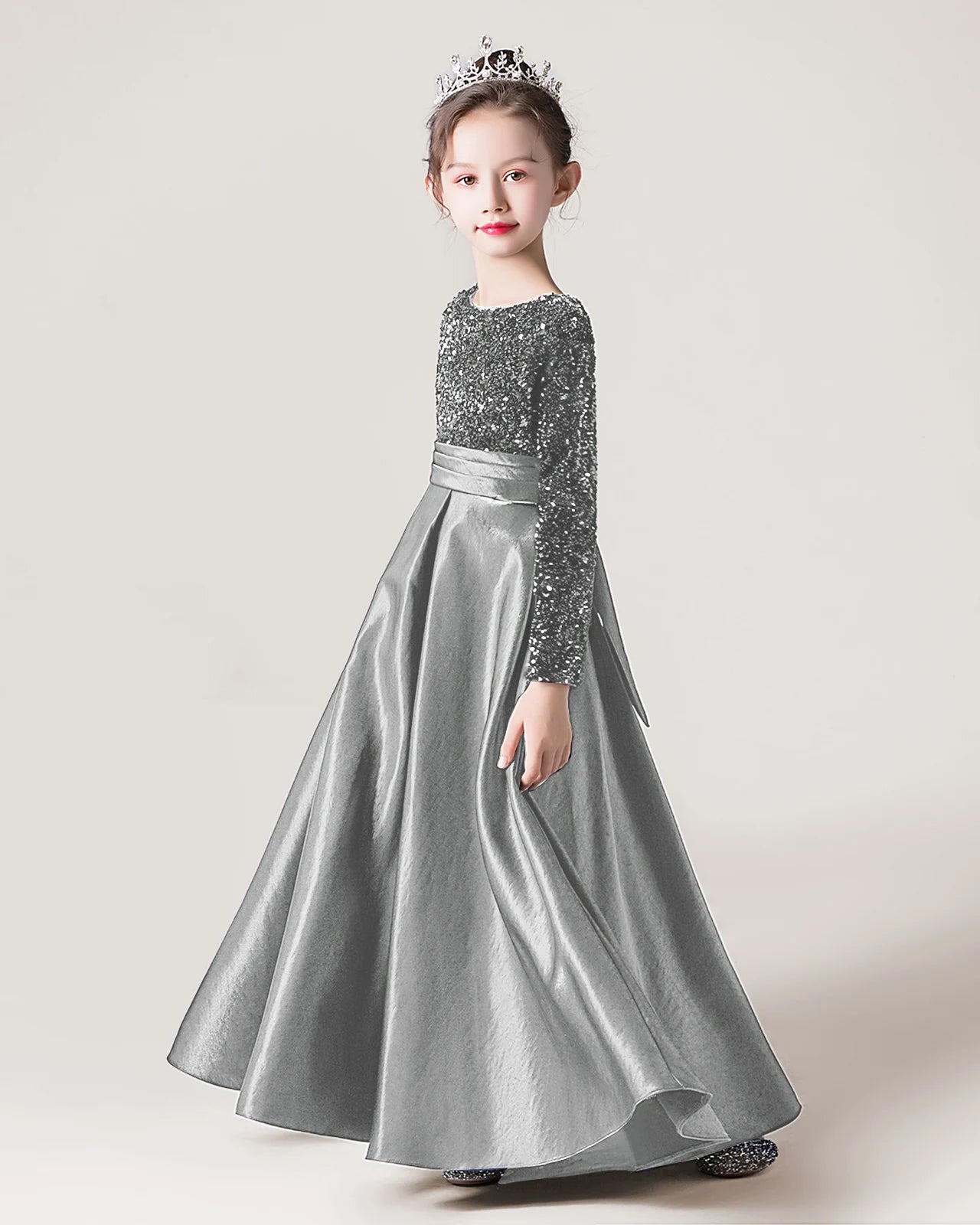 Dideyttawl Long Sleeves Sequins Flower Girls Dress Sparkling  Satin Formal Party Gown 503