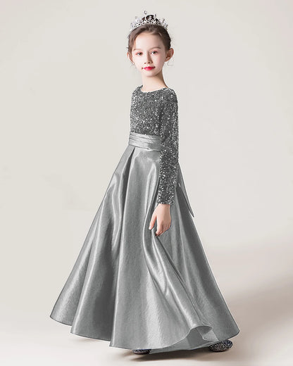Dideyttawl Long Sleeves Sequins Flower Girls Dress Sparkling  Satin Formal Party Gown 503