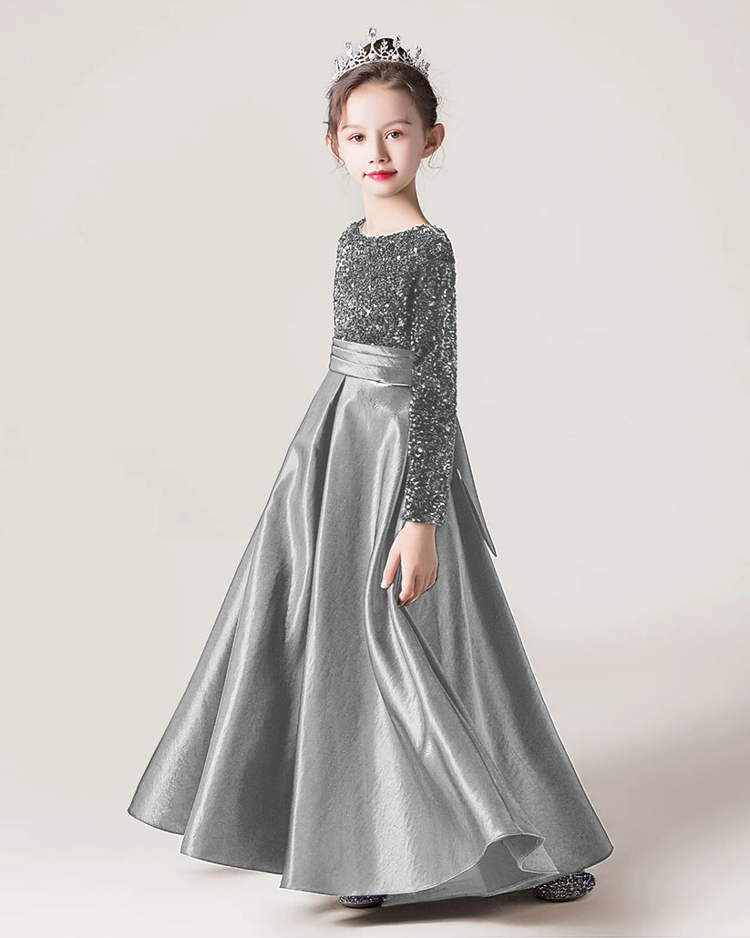 Silver Sequin A-line Girls Formal Dress Side View