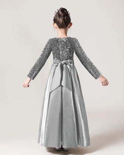 Dideyttawl Long Sleeves Sequins Flower Girls Dress Sparkling  Satin Formal Party Gown 503