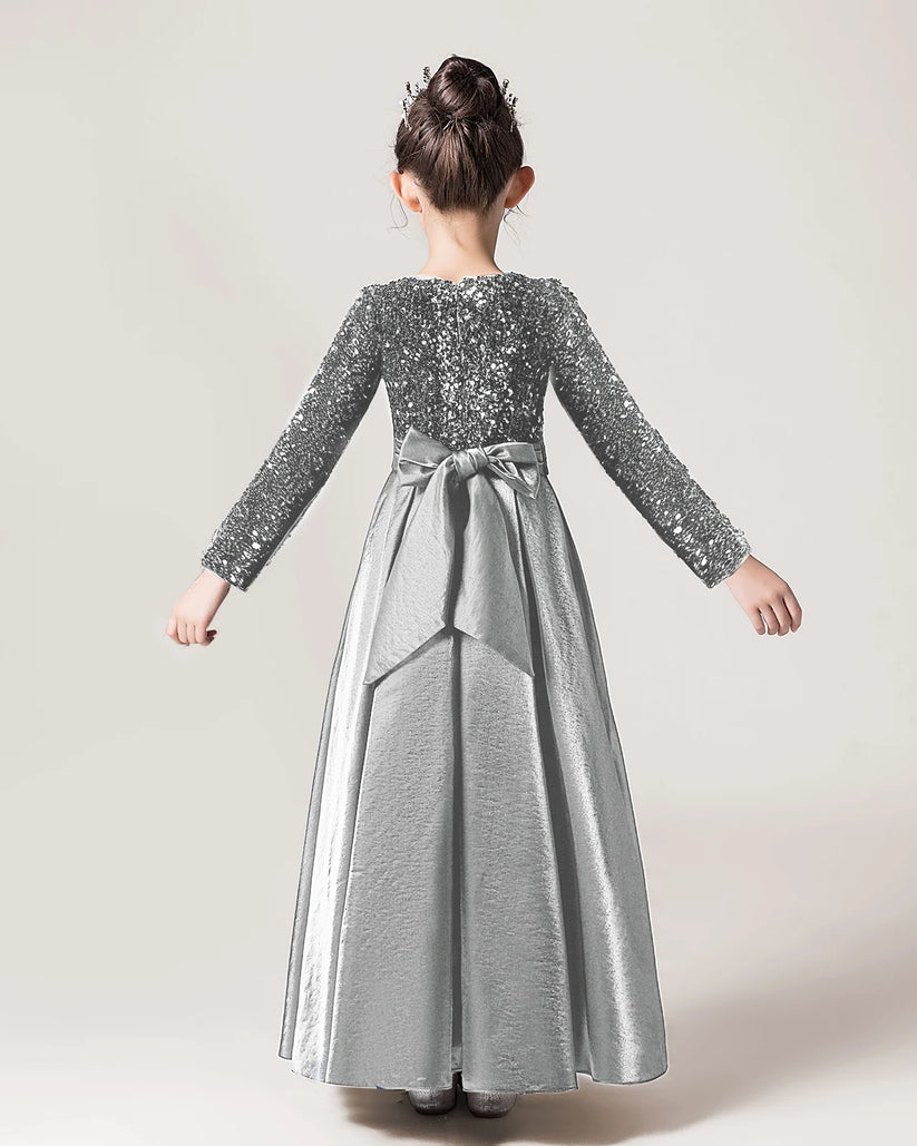 Silver Sequin A-line Girls Formal Dress Back View