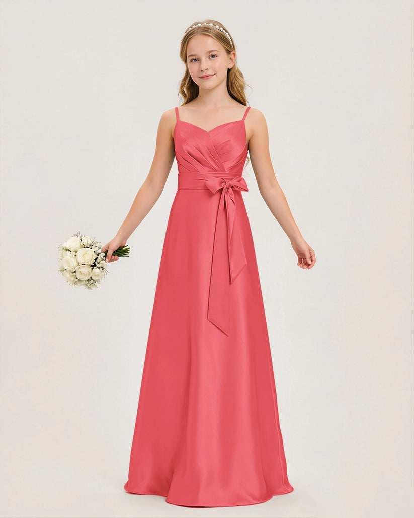 Coral Satin A-line Junior Bridesmaid Dress Front View